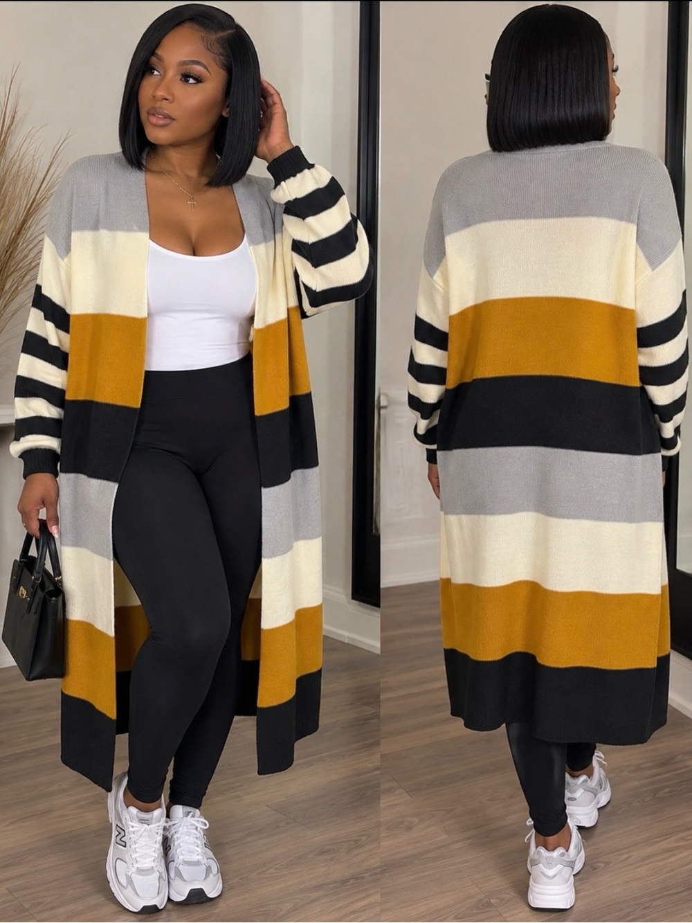 Striped Long Open-Front Cardigan Sweater - Mustard, Gray & Black